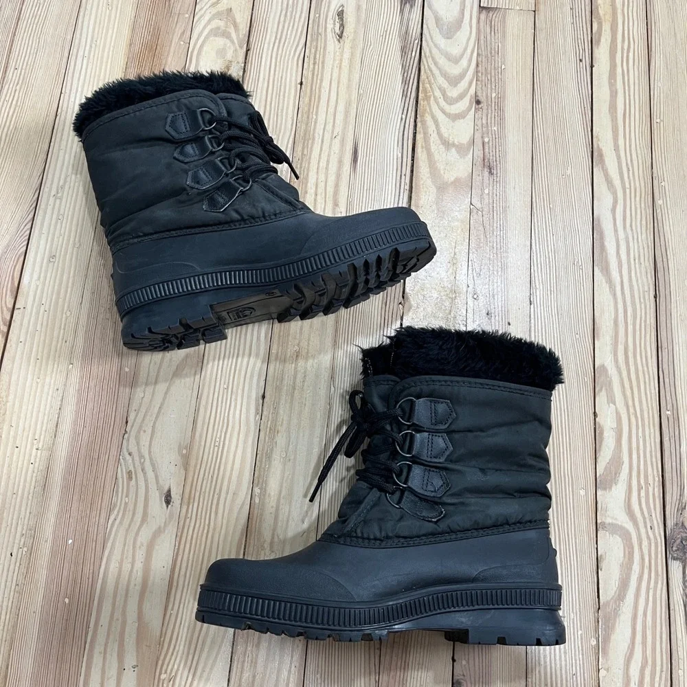 Sorel Black Winter Snow Boots Mid-Calf Faux Fur Trim Lace Up Insulated Womens 10